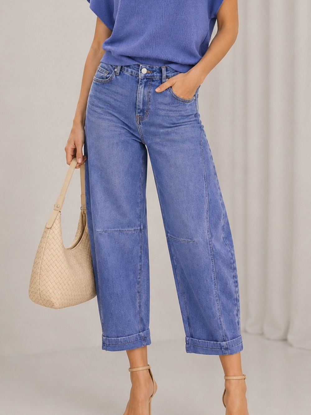 NWT💙Zenana Barrel Leg Cropped Fit Cuffed Denim Jeans Marlin Small